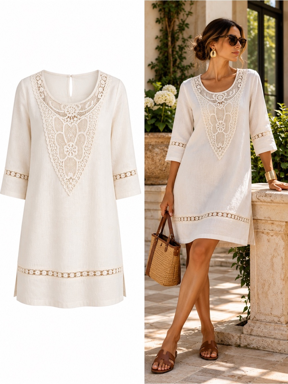 Massimo Dutti White Linen Crochet Lace Shift Dress Size Small